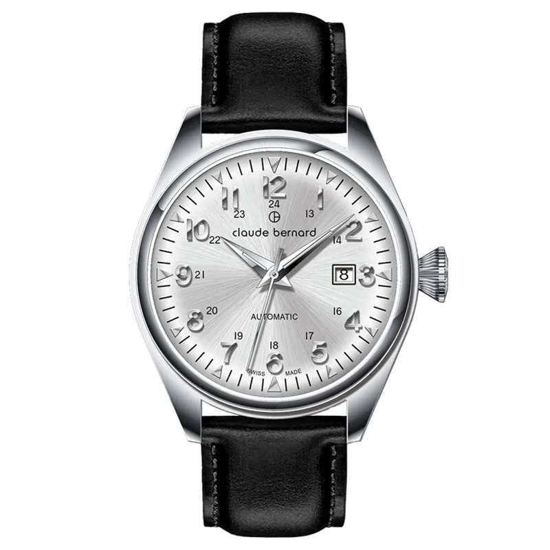 Reloj Claude bernard análogo, para Hombre, tablero redondo color plateado, estilo arábigos, pulso cuero color negro, calendario