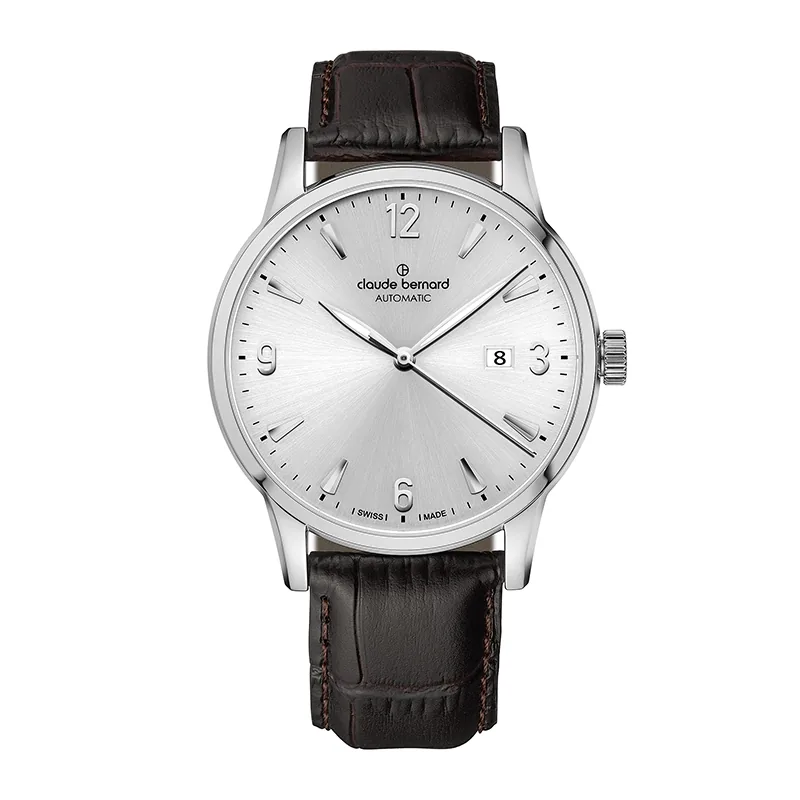 Reloj Claude bernard análogo, para Hombre, tablero redondo color plateado, estilo index + arábigo, pulso cuero color café, calendario
