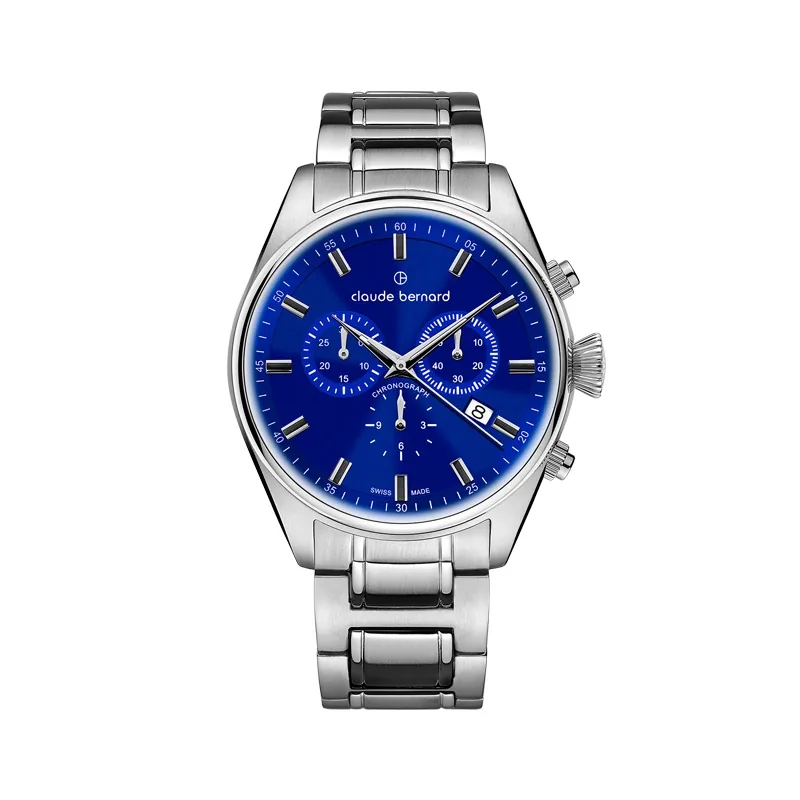 Reloj Claude bernard analogo, para Hombre, tablero redondo color azul, estilo index, pulso acero color plateado, calendario, cronografo