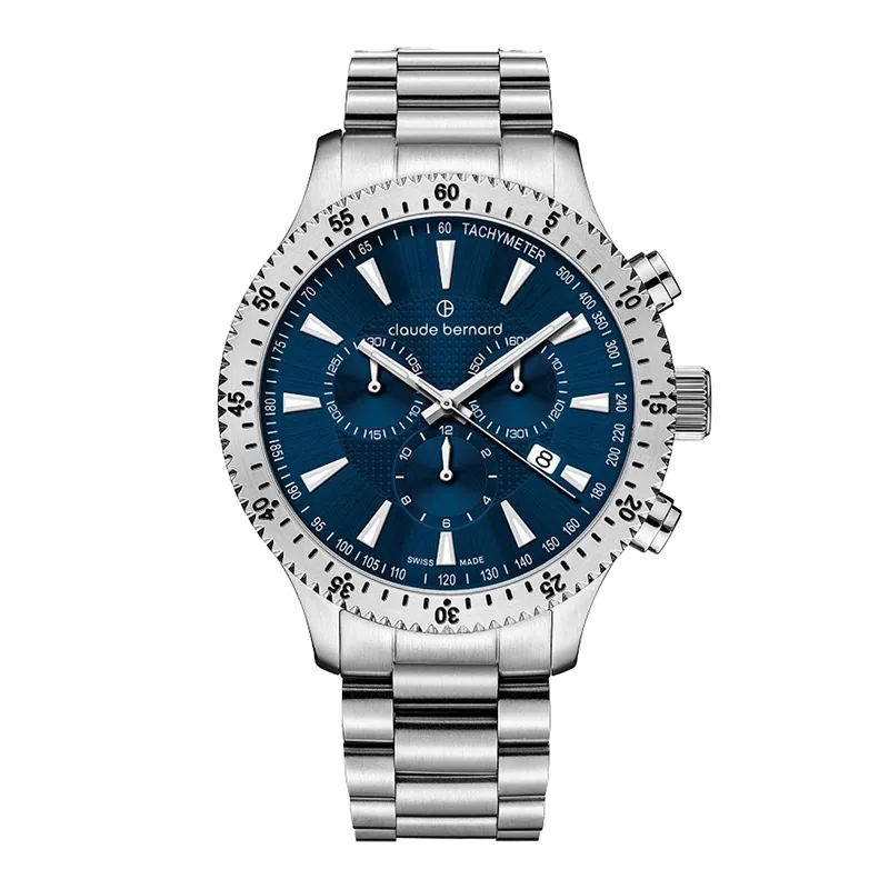 Reloj Claude bernard analogo, para Hombre, tablero redondo color azul, estilo index, pulso acero color plateado, calendario, cronografo