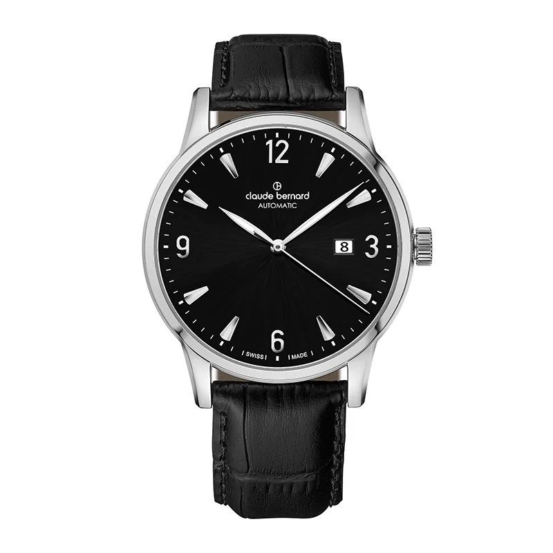 Reloj Claude bernard análogo, para Hombre, tablero redondo color negro, estilo index + arábigo, pulso cuero color negro, calendario