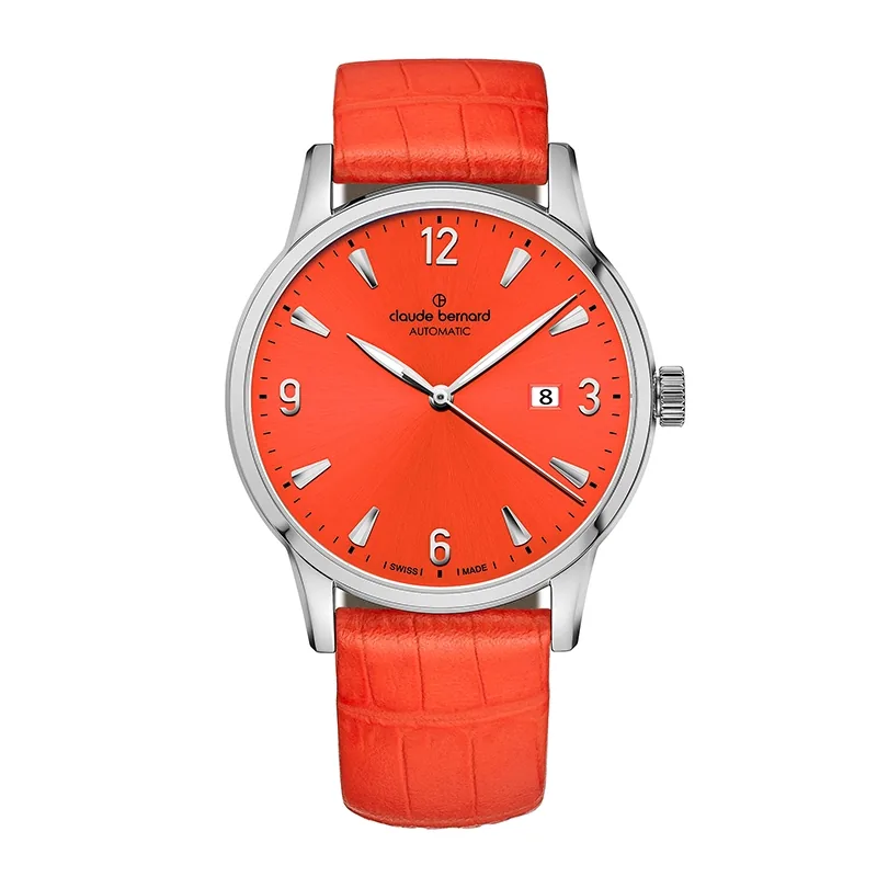 Reloj Claude bernard análogo, para Hombre, tablero redondo color naranja, estilo index + arábigo, pulso cuero color naranja, calendario