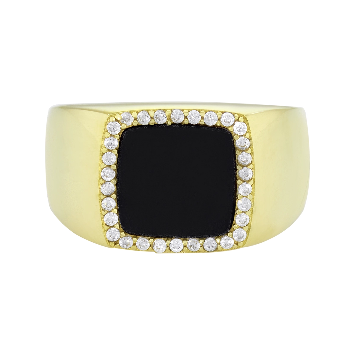 Anillo en oro amarillo de 18 Kilates, con ónix central y decoración en zircones