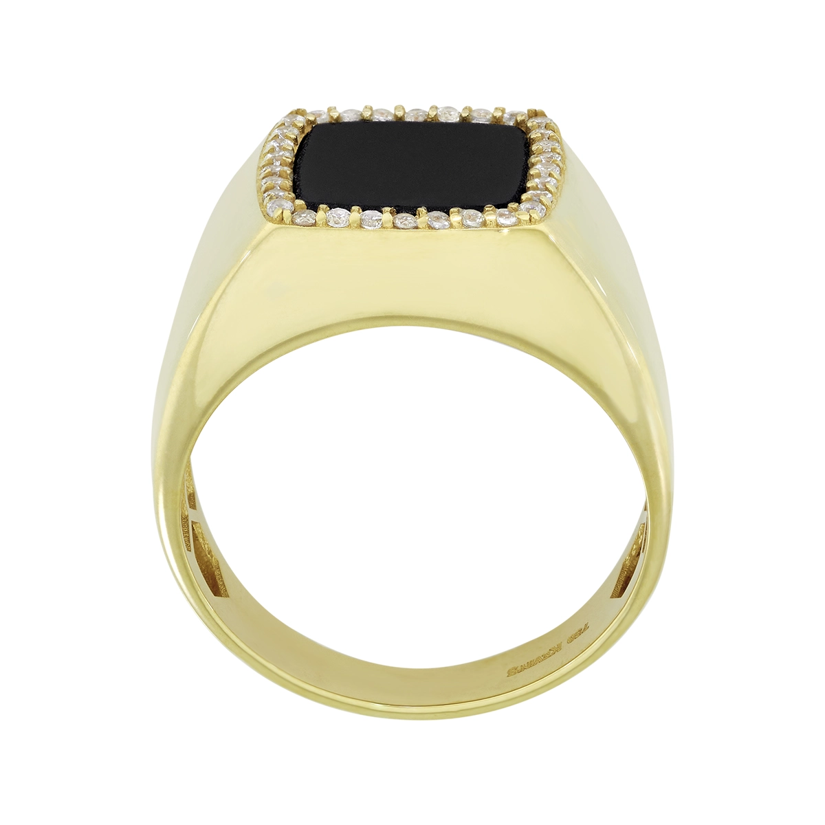 Anillo en oro amarillo de 18 Kilates, con ónix central y decoración en zircones