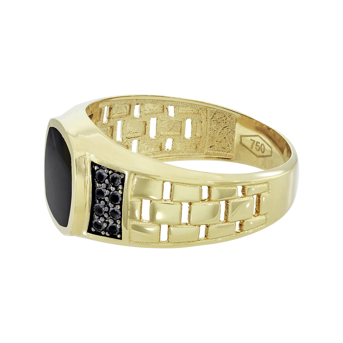 Anillo en oro amarillo de 18 Kilates, con ónix central y decoración en zircones