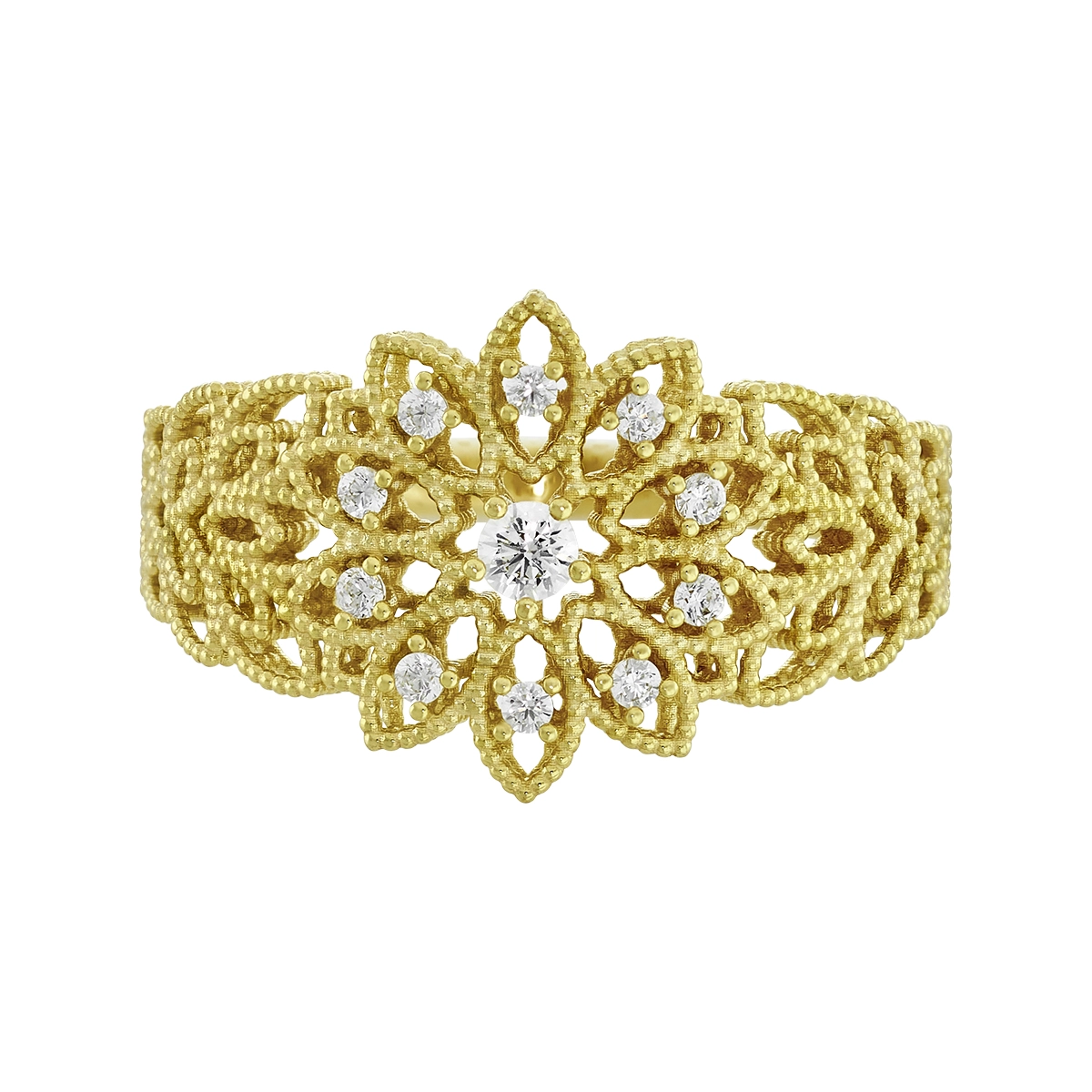 Anillo de flor en oro amarillo de 18 Kilates con visos, con zircones