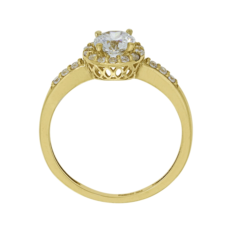 Anillo en oro amarillo de 18 Kilates, con zircón central y decoración en zircones