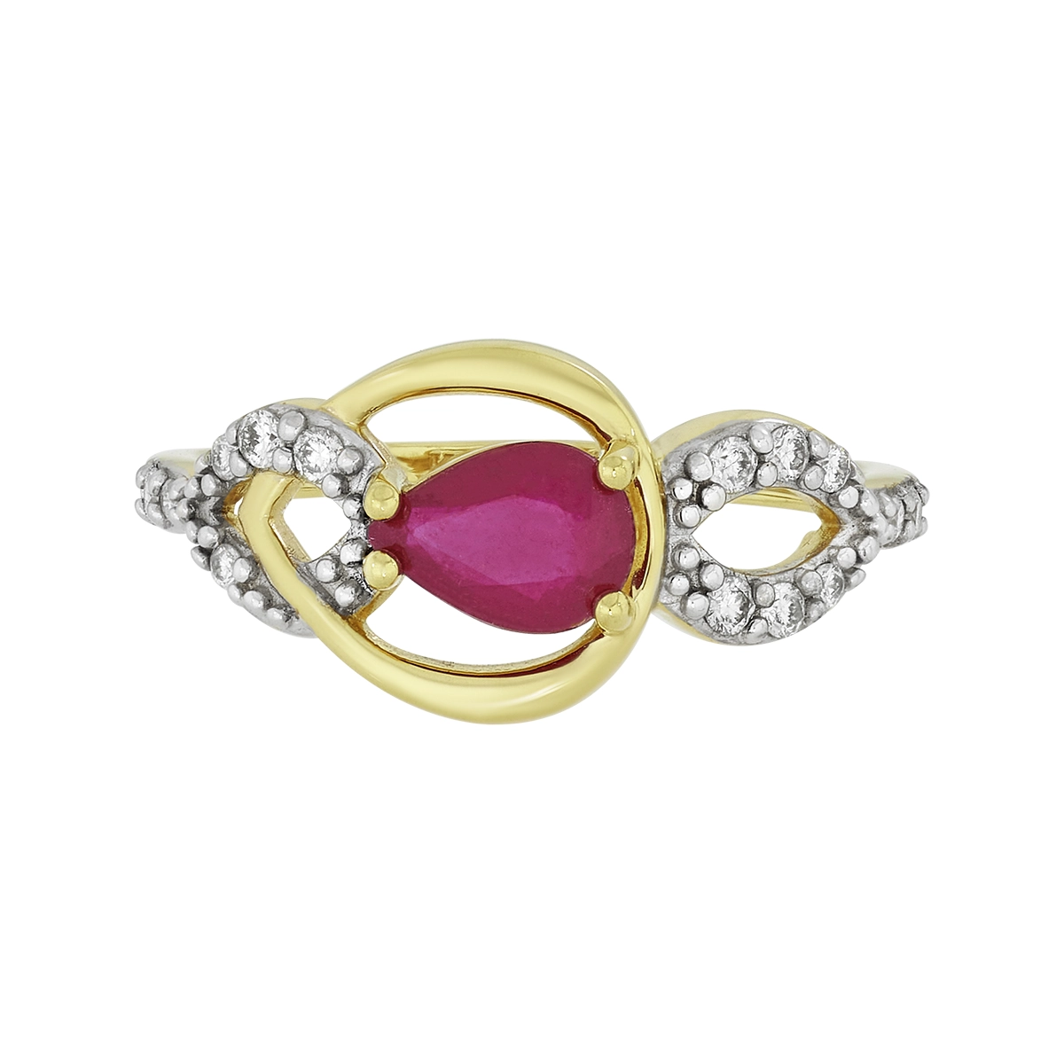 Anillo en oro amarillo de 18 Kilates, con rubí central de 0.90 Ct y decoración en diamantes de 0.18 Ct