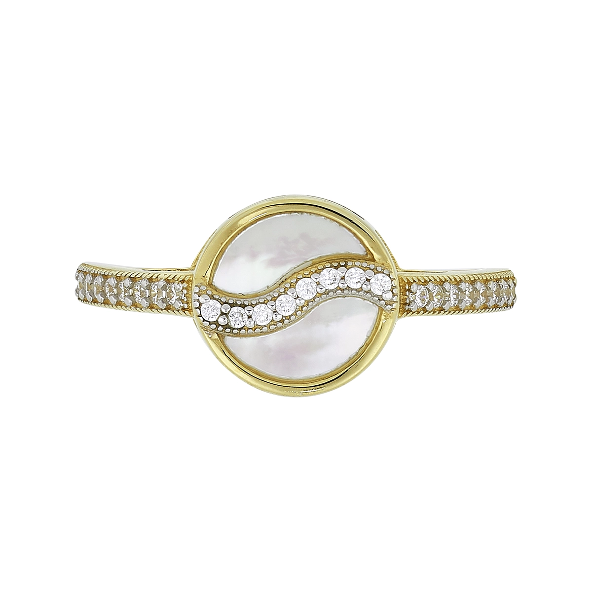 Anillo en oro amarillo de 18 Kilates, con madre central y decoración en zircones
