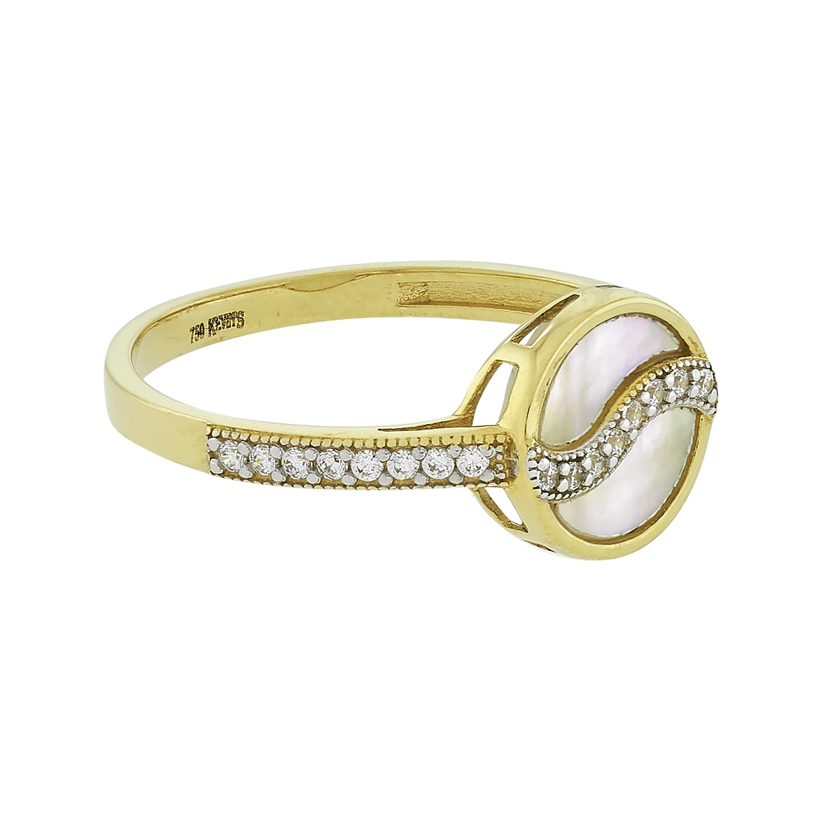 Anillo en oro amarillo de 18 Kilates, con madre central y decoración en zircones