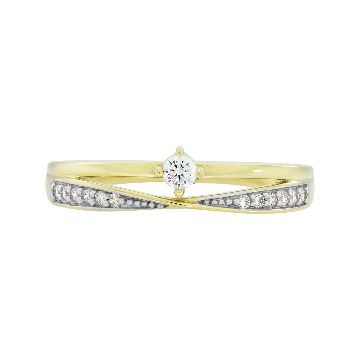 Anillo en oro amarillo de 18 Kilates, con zircón central y decoración en zircones