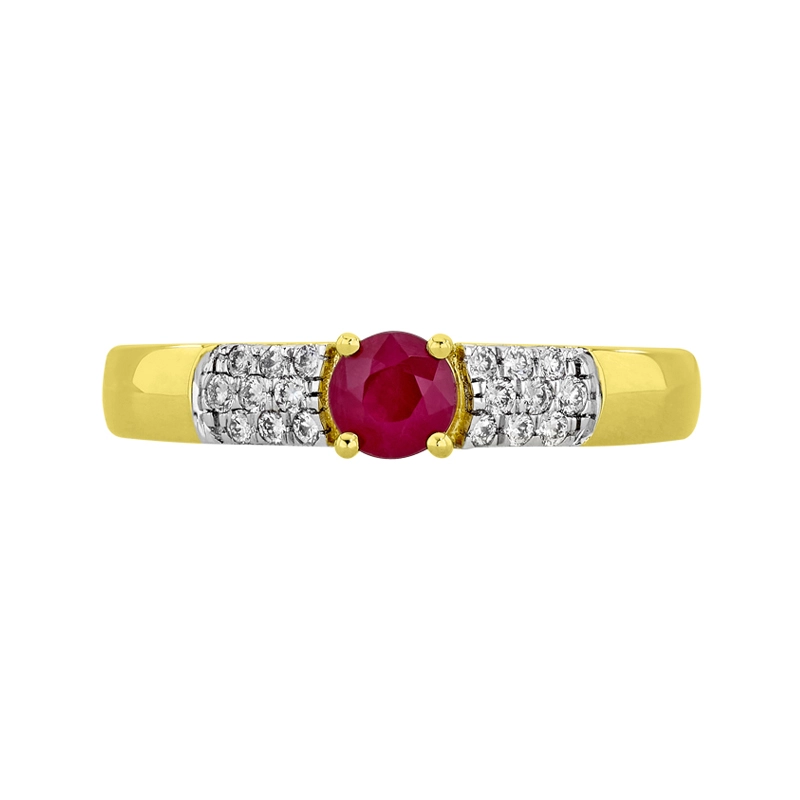 Anillo en oro amarillo de 18 Kilates, con rubí central de 0.30 Ct y decoración en diamantes de 0.12 Ct