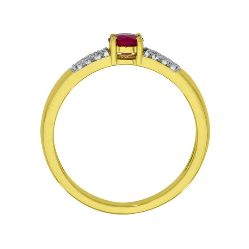 Anillo en oro amarillo de 18 Kilates, con rubí central de 0.30 Ct y decoración en diamantes de 0.12 Ct