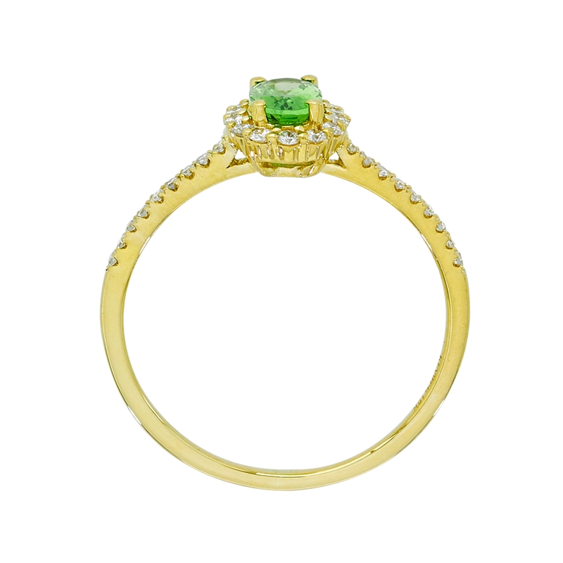 Anillo en oro amarillo de 18 Kilates, con granate central y decoración en diamantes de 0.21 Ct