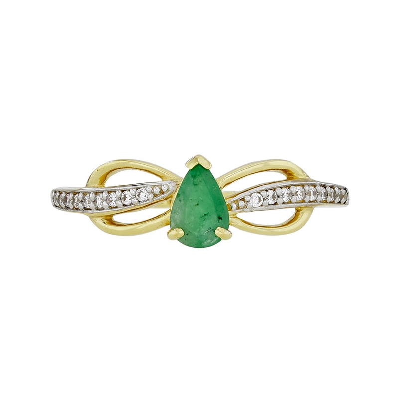 Anillo en oro amarillo de 18 Kilates, con esmeralda central y decoración en zircón