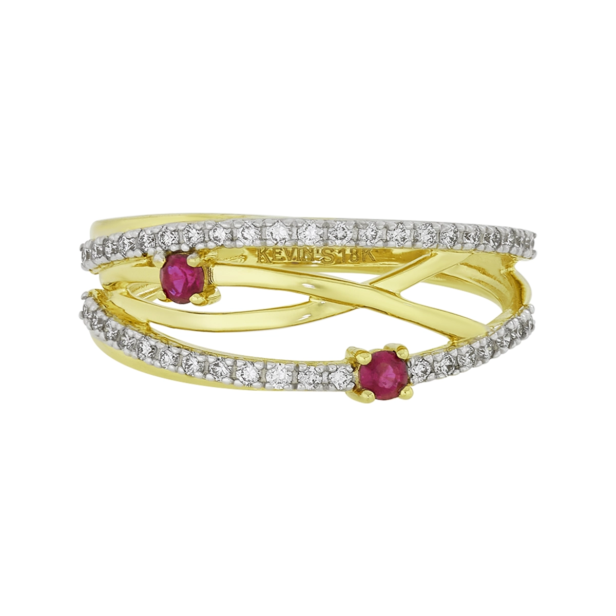 Anillo en oro amarillo de 18 Kilates, con 2 rubís centrales de 0.08 Ct y decoración en diamantes de 0.20 Ct