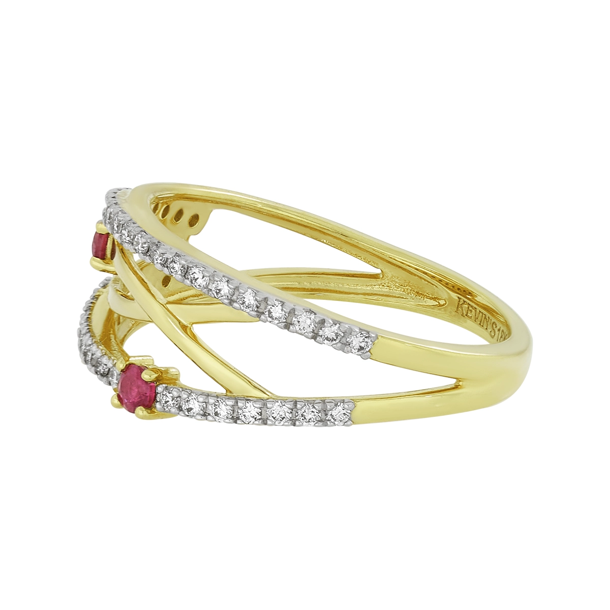 Anillo en oro amarillo de 18 Kilates, con 2 rubís centrales de 0.08 Ct y decoración en diamantes de 0.20 Ct
