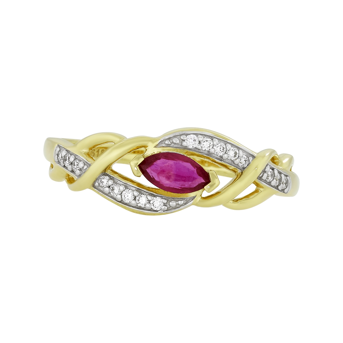 Anillo en oro amarillo de 18 Kilates, con rubí central de 0.30 Ct y decoración en diamantes de 0.08 Ct