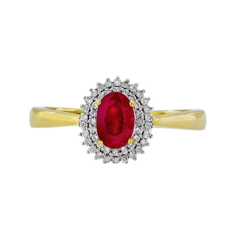 Anillo en oro amarillo de 18 Kilates, con rubí central de 0.60 Ct y decoración en diamantes de 0.12 Ct