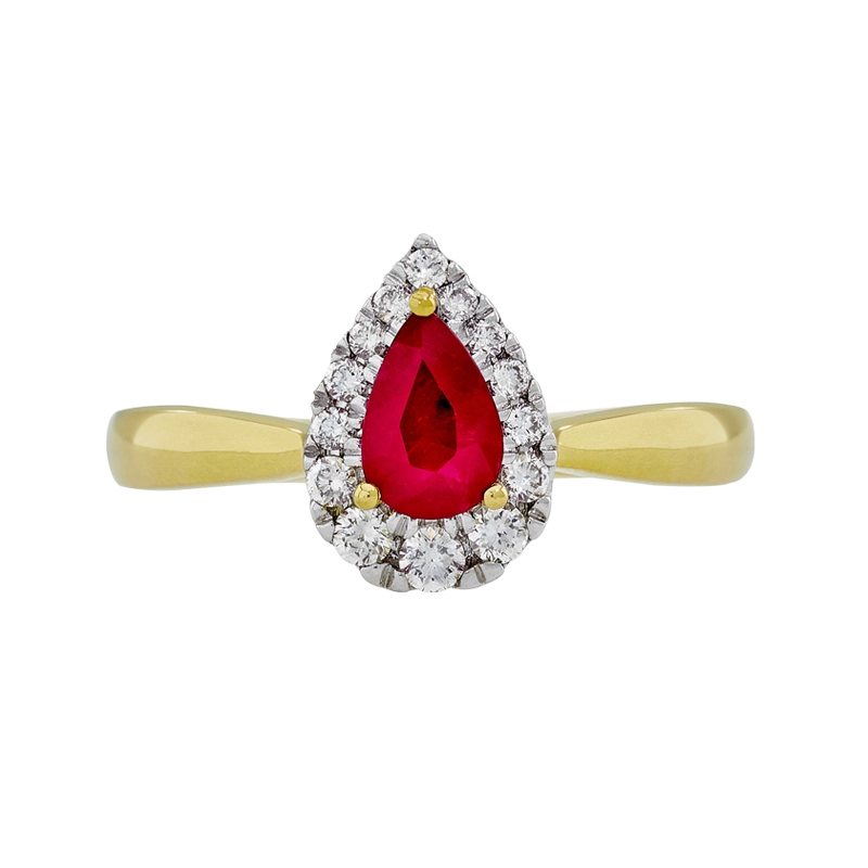 Anillo en oro amarillo de 18 Kilates, con rubí central de 0.42 Ct y decoración en diamantes de 0.15 Ct