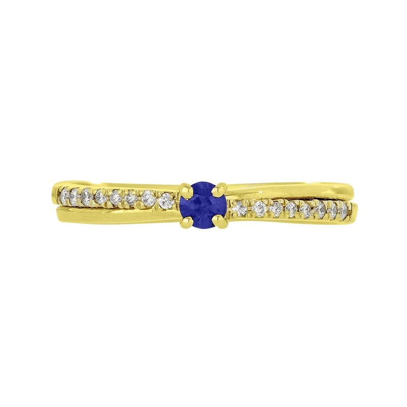 Anillo en oro amarillo de 18 Kilates, con zafiro central de 0.13 Ct y decoración en diamantes de 0.11 Ct