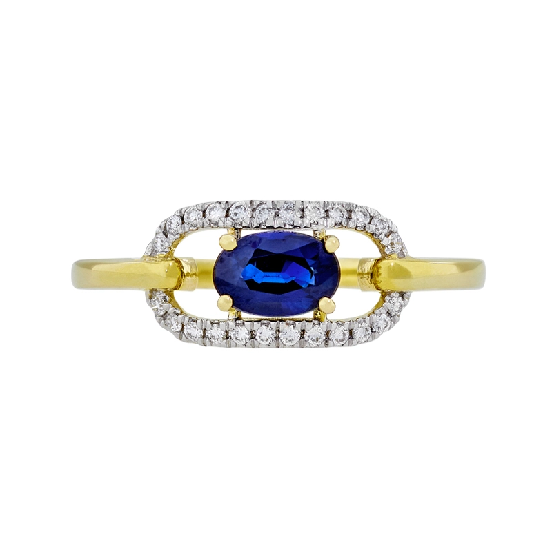 Anillo en oro amarillo de 18 Kilates, con zafiro central de 0.54 Ct y decoración en diamantes de 0.09 Ct