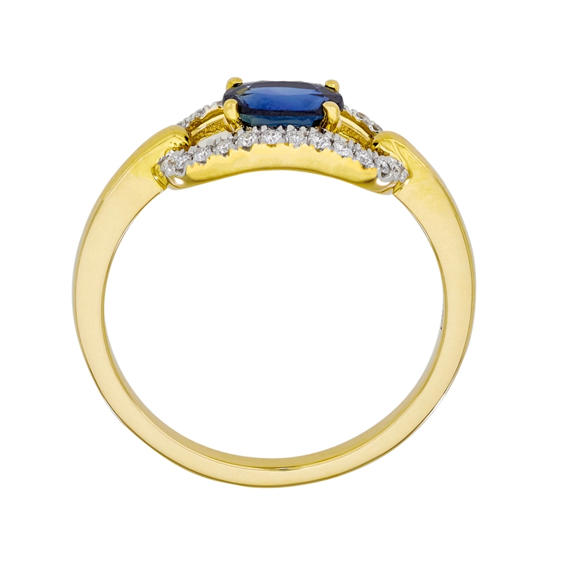 Anillo en oro amarillo de 18 Kilates, con zafiro central de 0.54 Ct y decoración en diamantes de 0.09 Ct