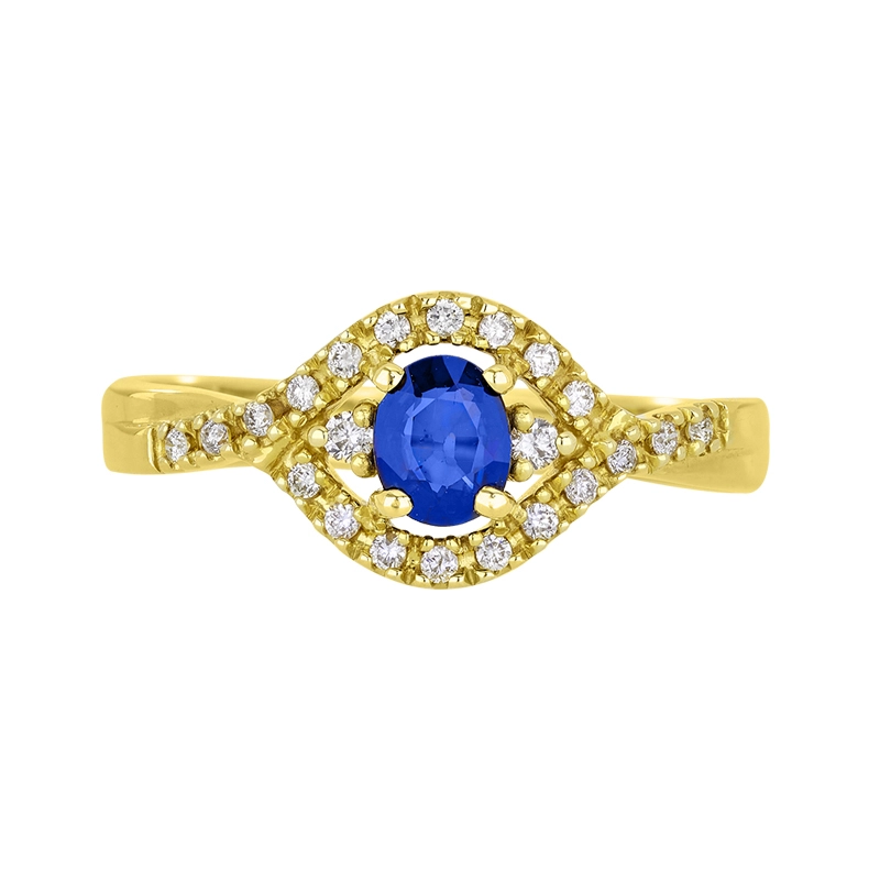Anillo en oro amarillo de 18 Kilates, con zafiro central de 0.47 Ct y decoración en diamantes de 0.14 Ct