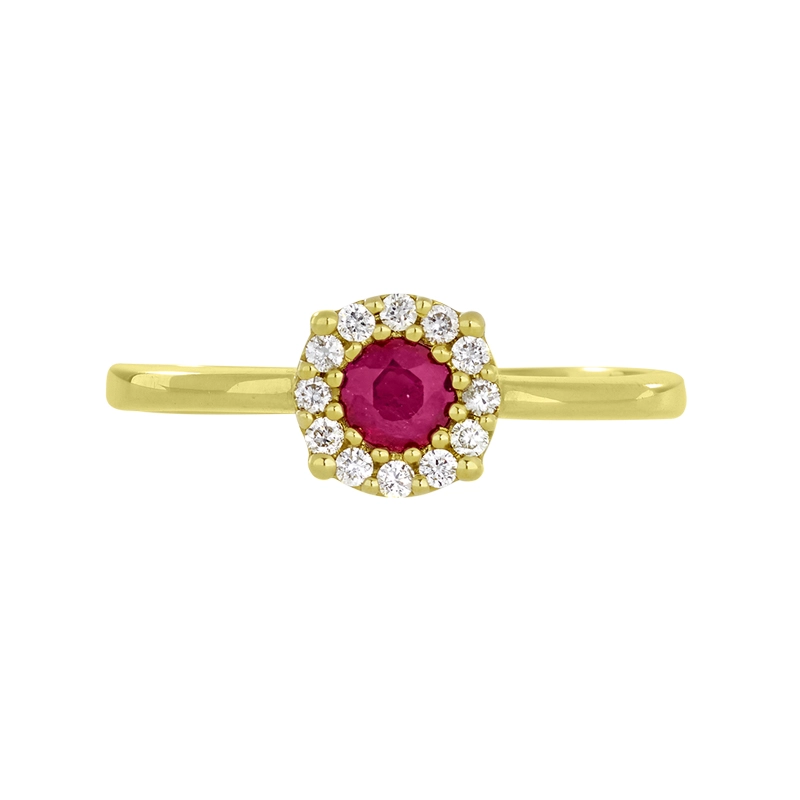 Anillo en oro amarillo de 18 Kilates, con rubí central de 0.32 Ct y decoración en diamantes de 0.12 Ct
