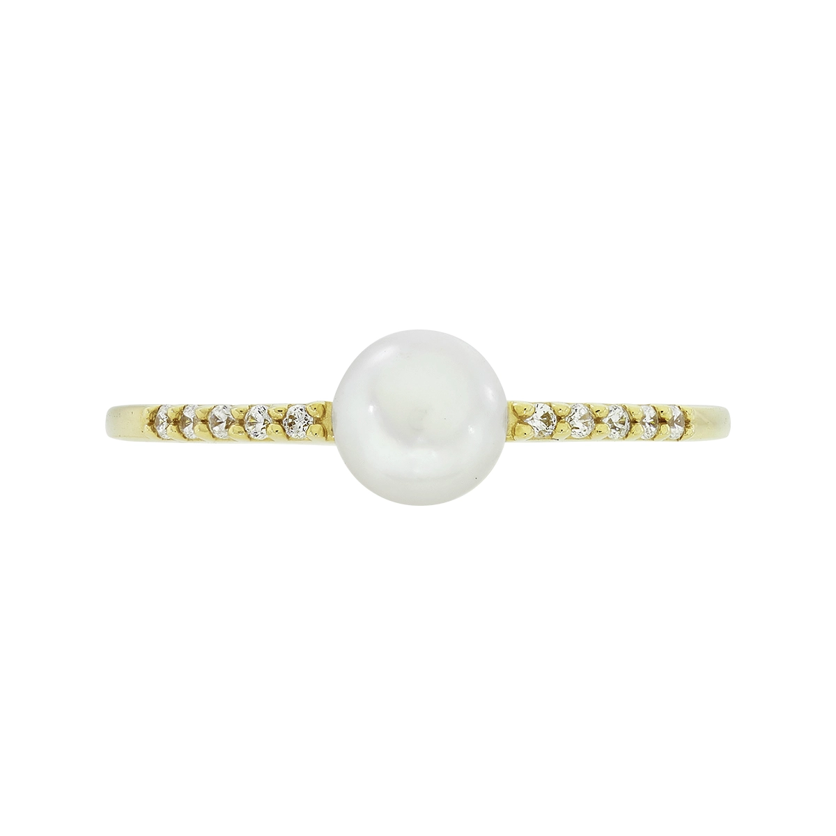 Anillo en oro amarillo de 18 Kilates, con perla central de 5 mm de ancho aprox y decoración en zircones