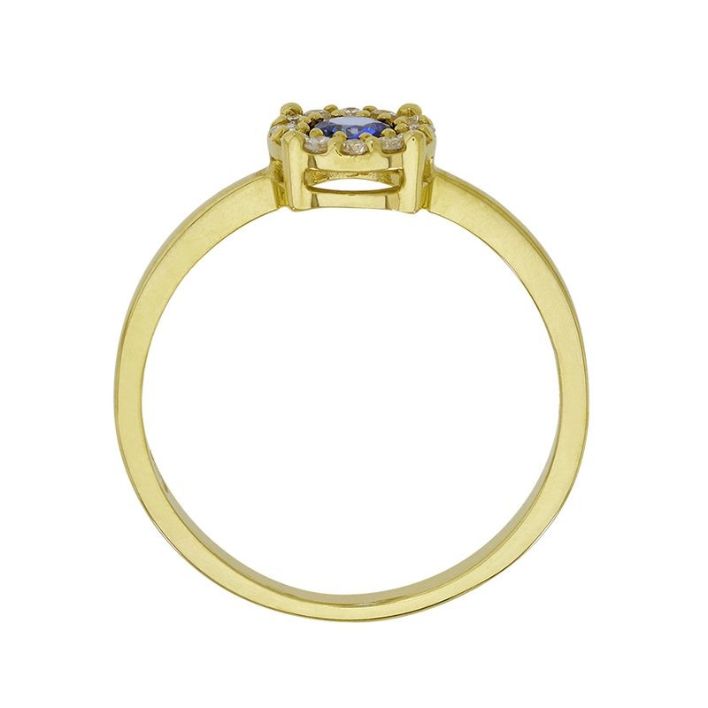 Anillo en oro amarillo de 18 Kilates, con zafiro central de 0.32 Ct y decoración en diamantes de 0.12 Ct