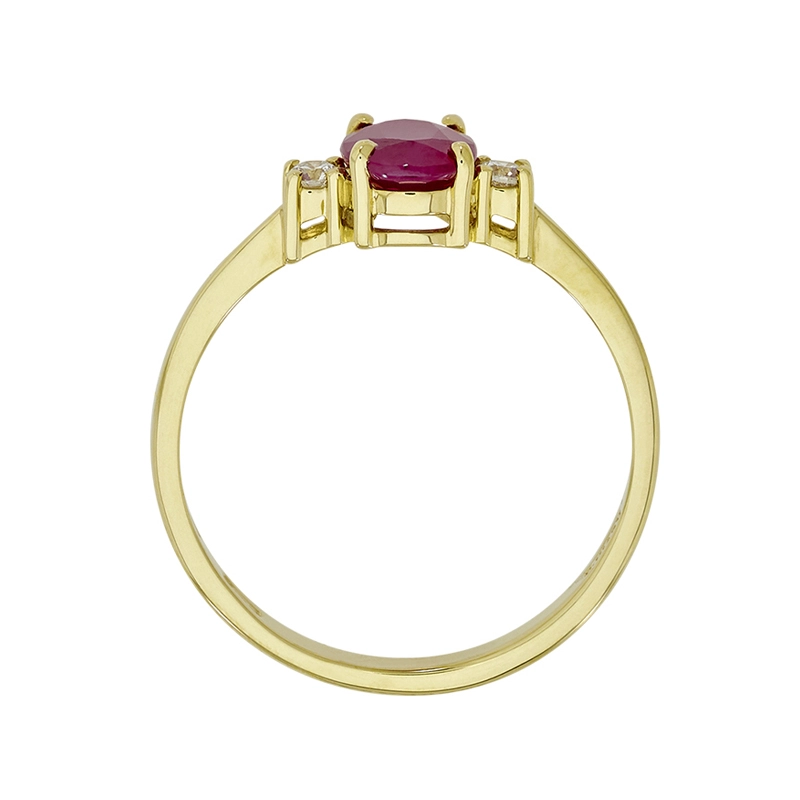 Anillo en oro amarillo de 18 Kilates, con rubí central de 0.70 Ct y decoración en diamantes de 0.06 Ct