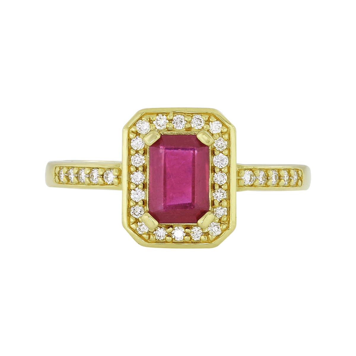 Anillo en oro amarillo de 18 Kilates, con rubí central de 0.60 Ct y decoración en diamantes de 0.15 Ct