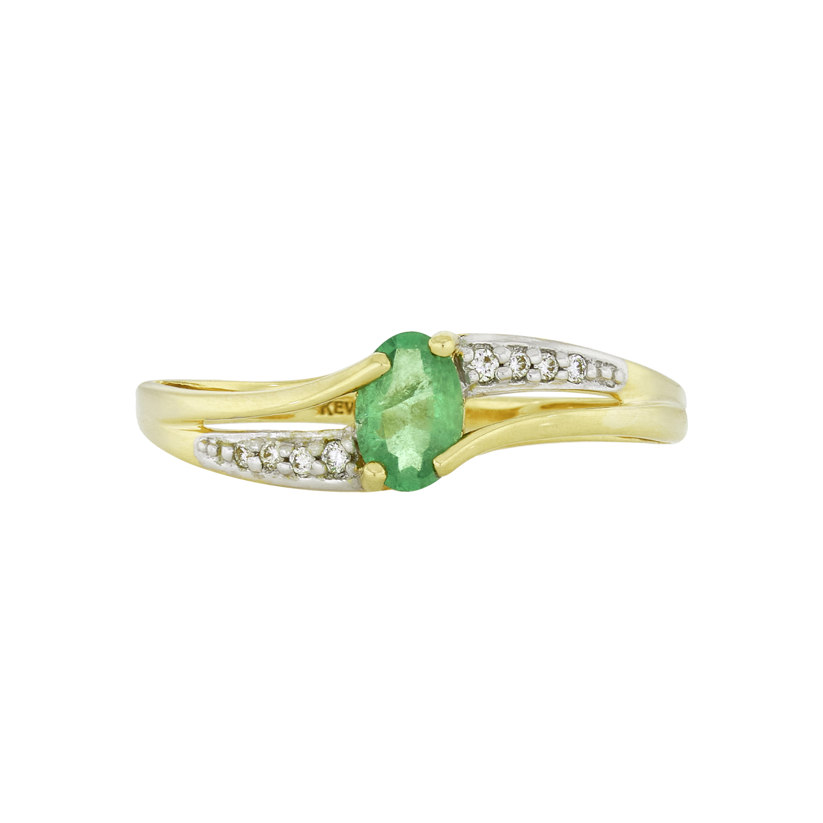 Anillo en oro amarillo de 18 Kilates, con esmeralda central de 0.35 Ct y decoración en diamantes de 0.05 Ct