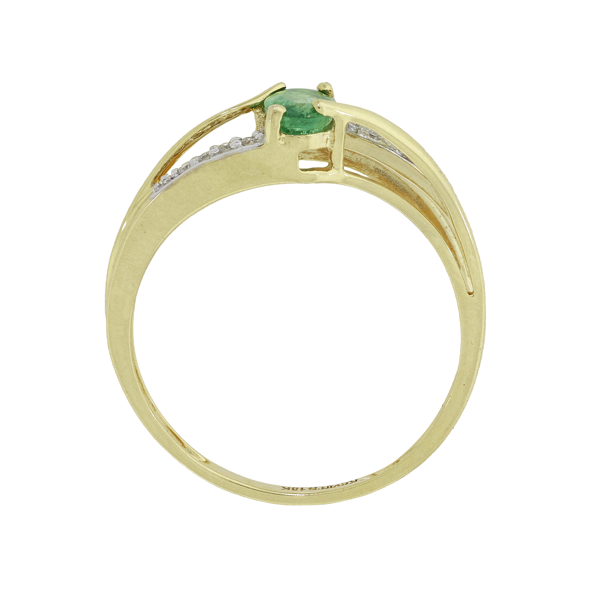 Anillo en oro amarillo de 18 Kilates, con esmeralda central de 0.35 Ct y decoración en diamantes de 0.05 Ct