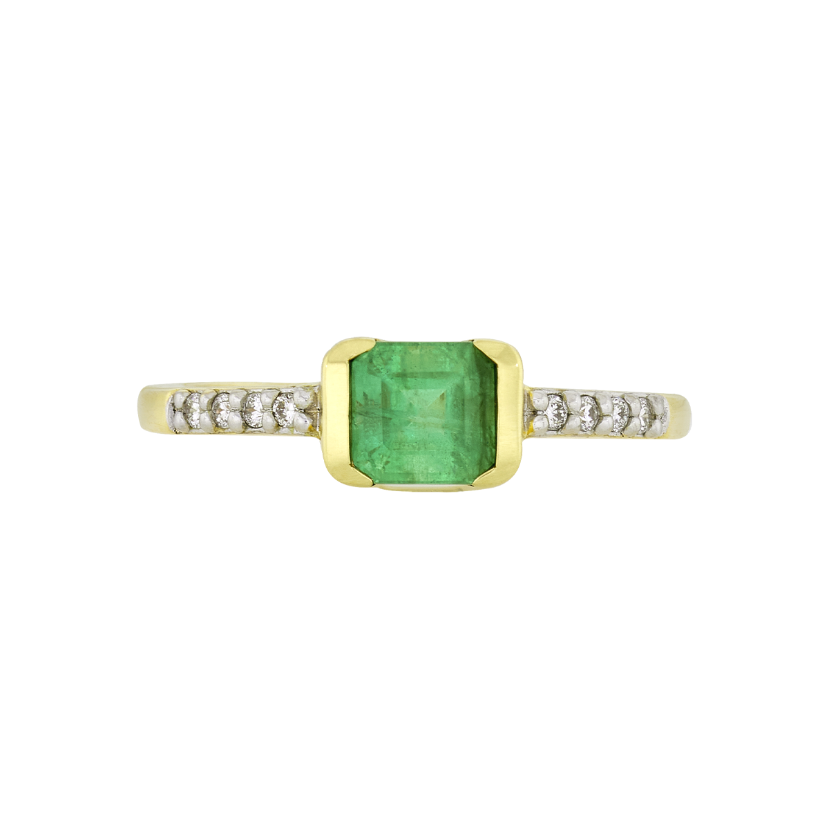 Anillo en oro amarillo de 18 Kilates, con esmeralda central de 0.65 Ct y decoración en diamantes de 0.07 Ct