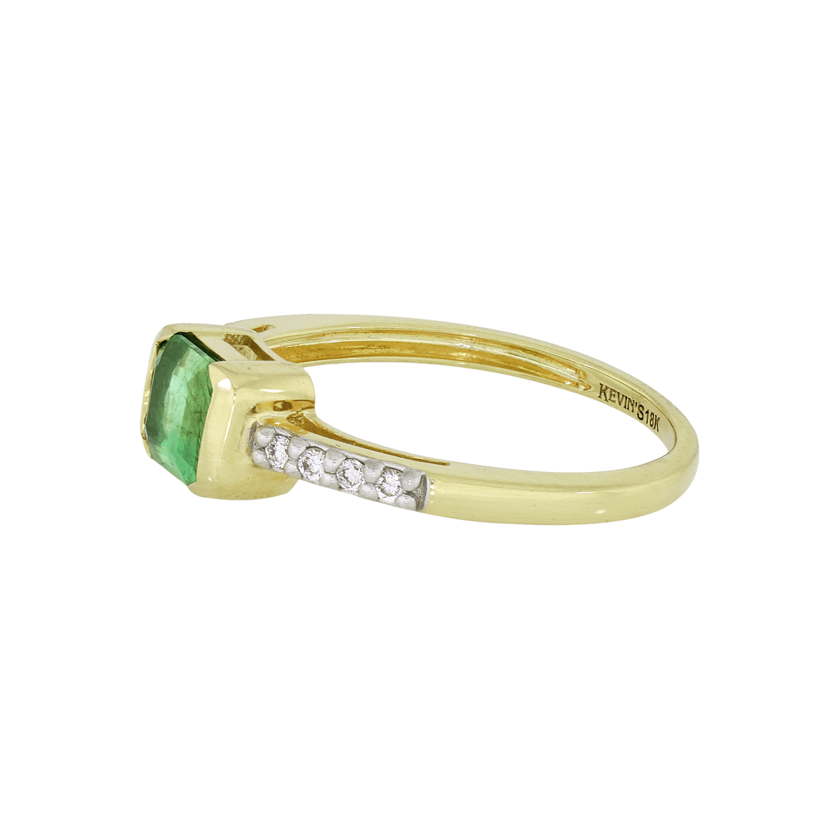 Anillo en oro amarillo de 18 Kilates, con esmeralda central de 0.65 Ct y decoración en diamantes de 0.07 Ct