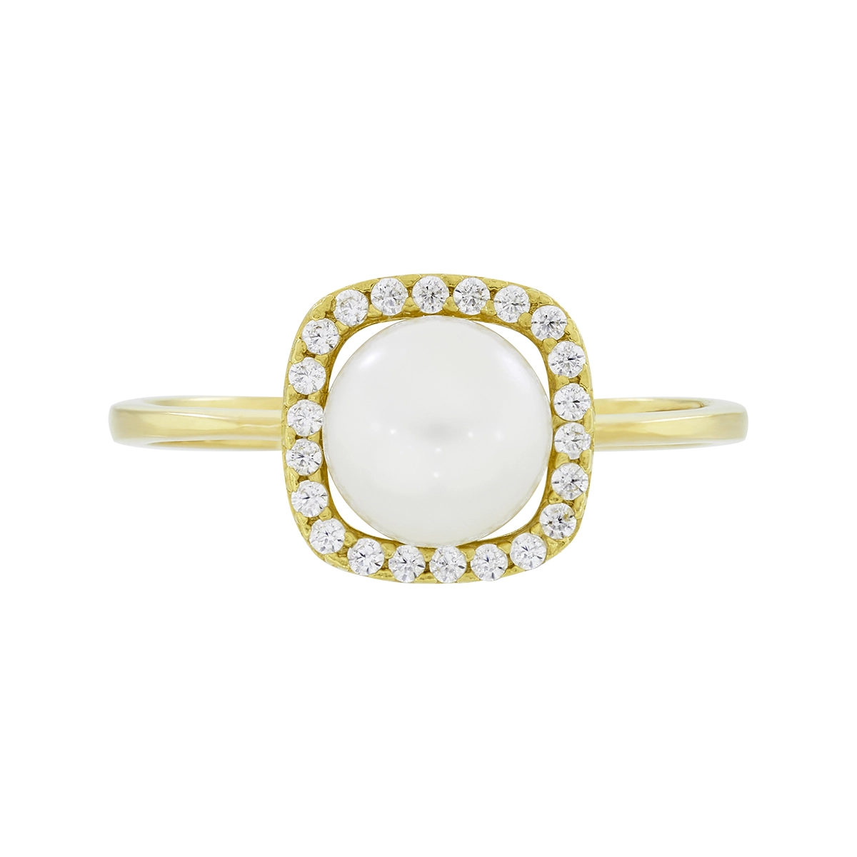 Anillo en oro amarillo de 18 Kilates, con perla central de 6 mm de ancho aprox y decoración en zircones
