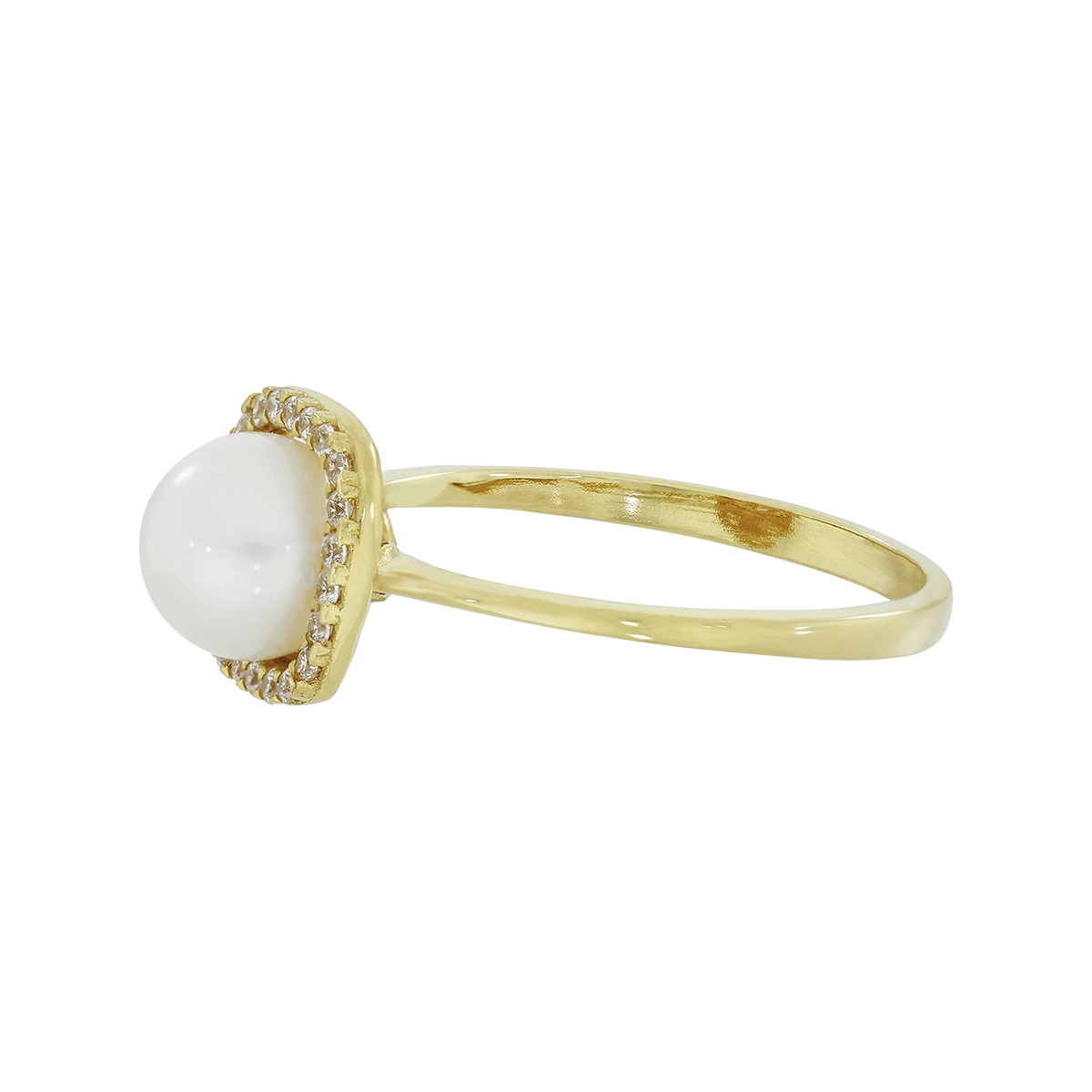 Anillo en oro amarillo de 18 Kilates, con perla central de 6 mm de ancho aprox y decoración en zircones