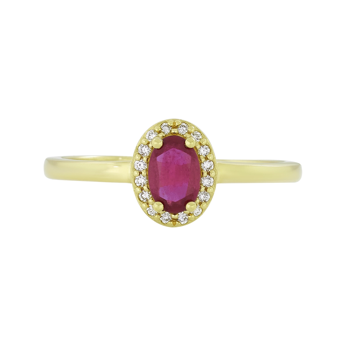 Anillo en oro amarillo de 18 Kilates, con rubí central de 0.65 Ct y decoración en diamantes de 0.08 Ct