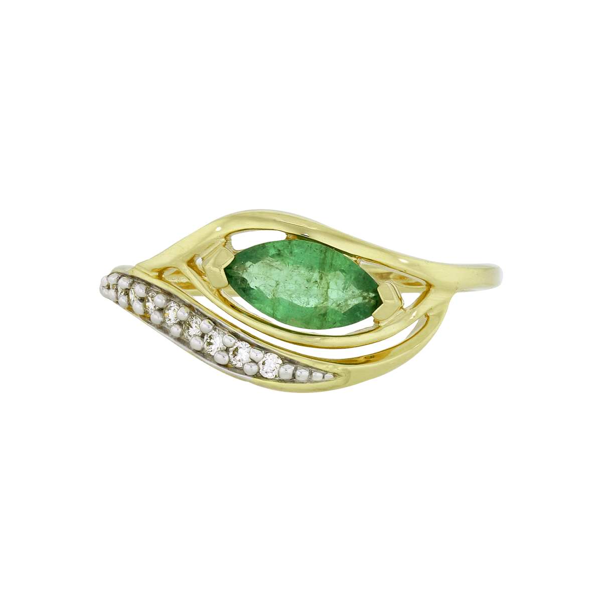 Anillo en oro amarillo de 18 Kilates, con esmeralda central de 0.50 Ct y decoración en diamantes de 0.08 Ct