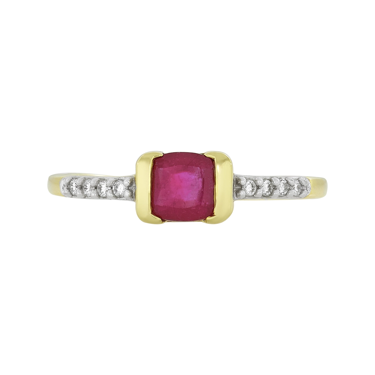 Anillo en oro amarillo de 18 Kilates, con rubí central de 0.65 Ct y decoración en diamantes de 0.06 Ct