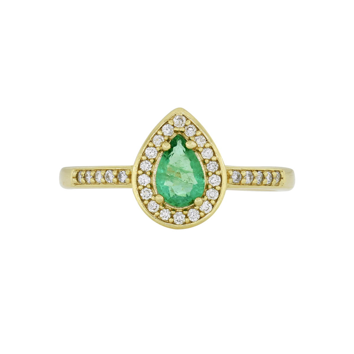 Anillo en oro amarillo de 18 Kilates, con esmeralda central de 0.40 Ct y decoración en diamantes de 0.14 Ct