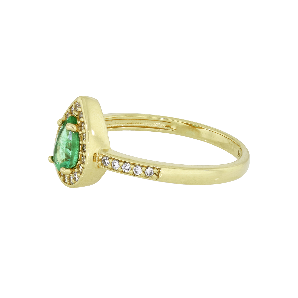 Anillo en oro amarillo de 18 Kilates, con esmeralda central de 0.40 Ct y decoración en diamantes de 0.14 Ct