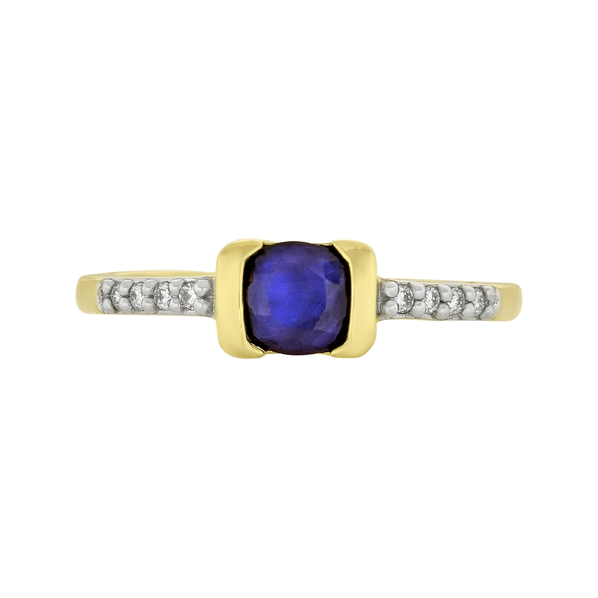 Anillo en oro amarillo de 18 Kilates, con zafiro central de 0.65 Ct y decoración en diamantes de 0.06 Ct