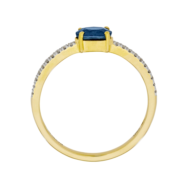Anillo en oro amarillo de 18 Kilates, con zafiro central de 0.52 Ct y decoración en diamantes de 0.10 Ct