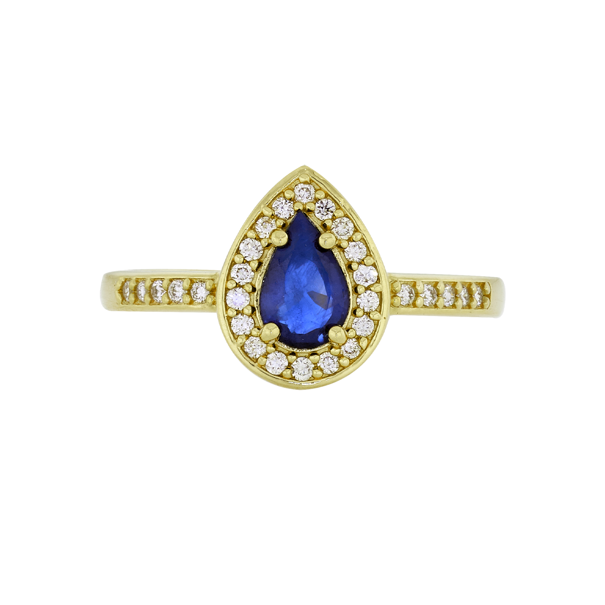 Anillo en oro amarillo de 18 Kilates, con zafiro central de 0.55 Ct y decoración en diamantes de 0.14 Ct