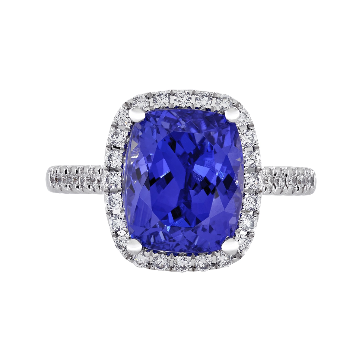 Anillo en oro blanco de 18 Kilates, con tanzanita central de 5.35 Ct y decoración en diamantes de 0.32 Ct