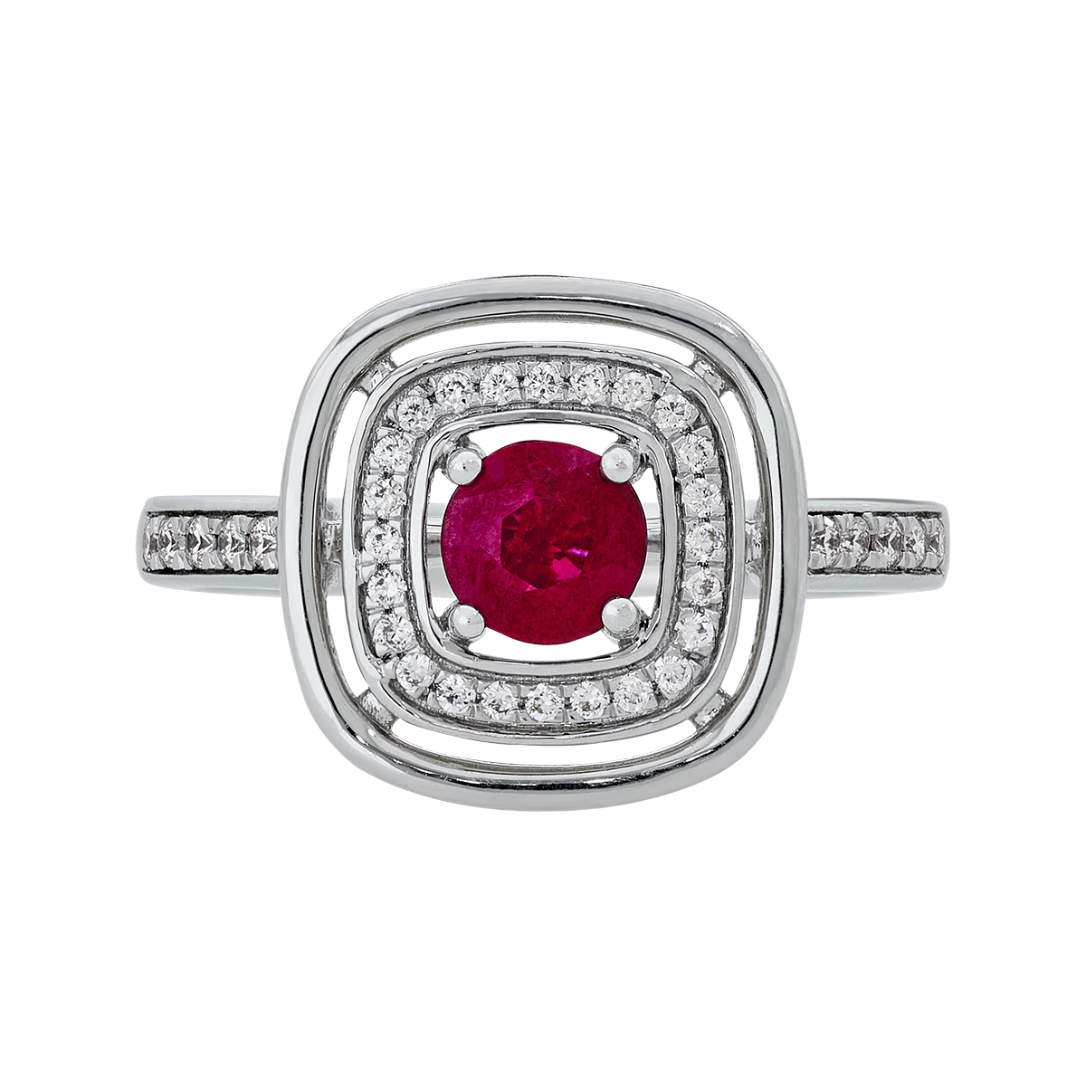 Anillo en oro blanco de 18 Kilates, con rubí central de 0.62 Ct y decoración en diamantes de 0.17 Ct
