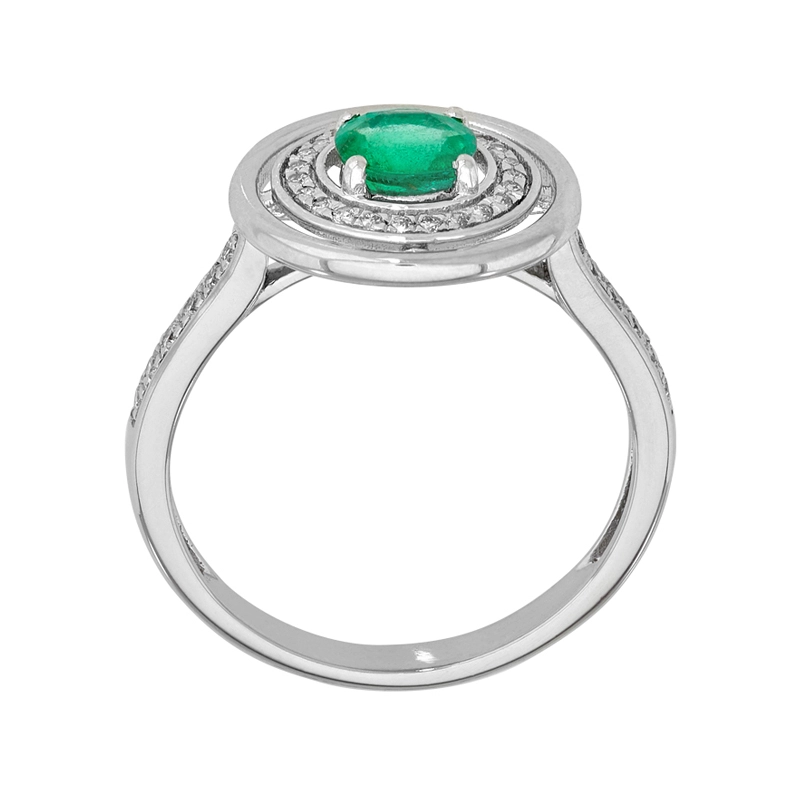 Anillo en oro blanco de 18 Kilates, con esmeralda central de 0.42 Ct y decoración en diamantes de 0.16 Ct